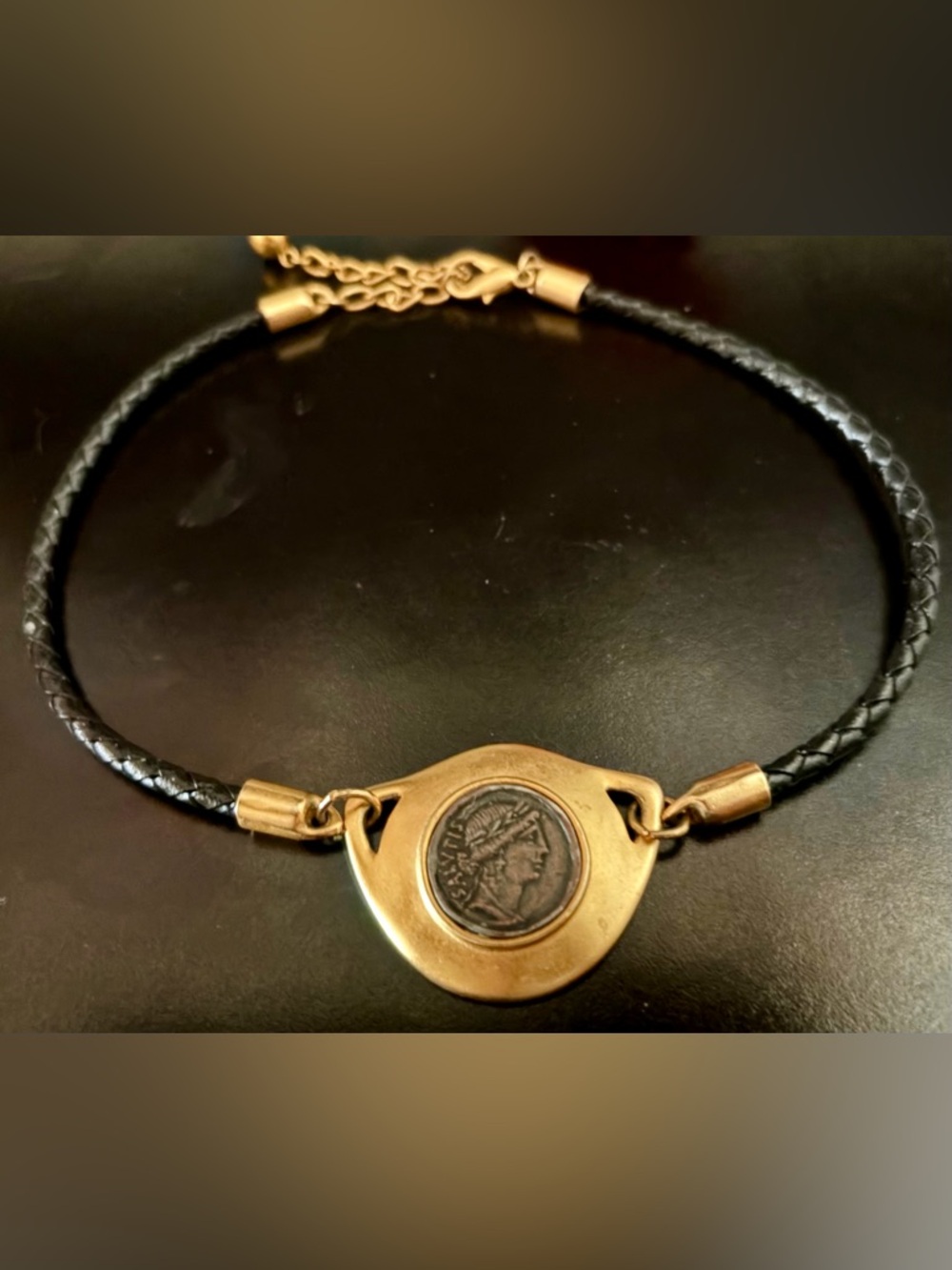 Vintage Gold-Tone  Ancient Coin Medallion Leather Cord Necklace - Black - Picture 3 of 11